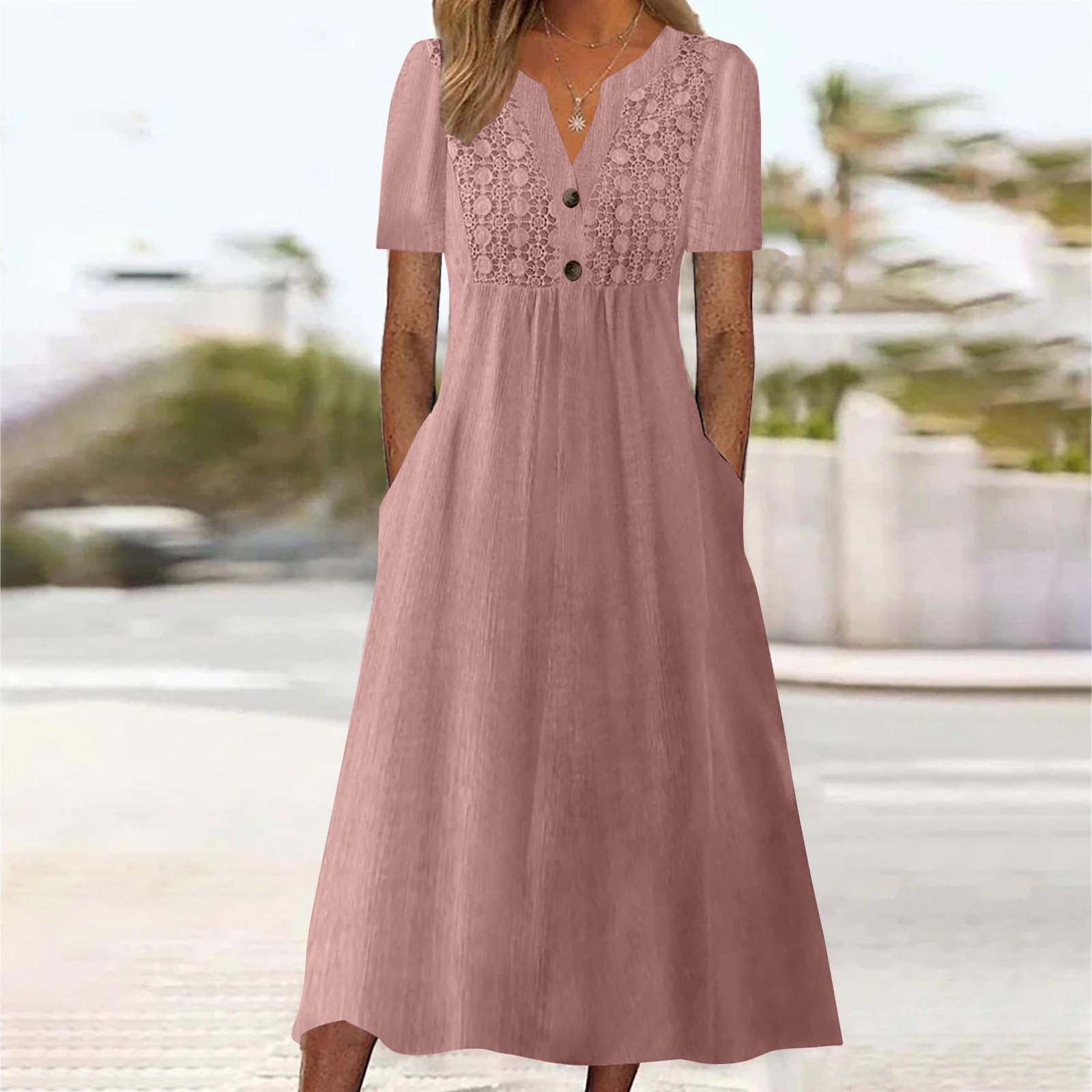thumbnail image 2 of Vestido largo boho de manga corta con cuello en V y bolsillos para mujer: vestido de playa de poliéster con estampado floral para el verano, 2 of 5